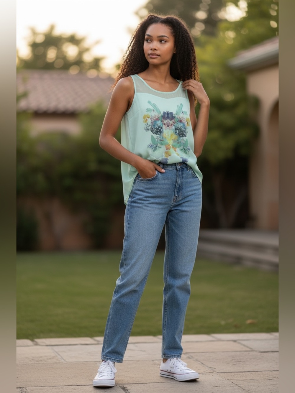Mine Sheer Sleeveless Tank Top Mint Aqua Floral Graphic Keyhole Back Blouse L
